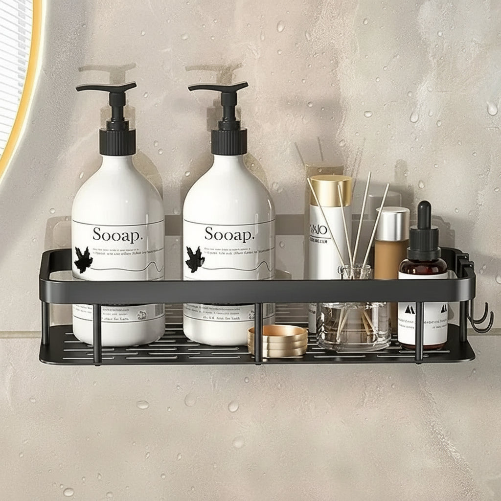 Bathroom shelf with various toiletries including bottles and a diffuser on a tiled wall background.